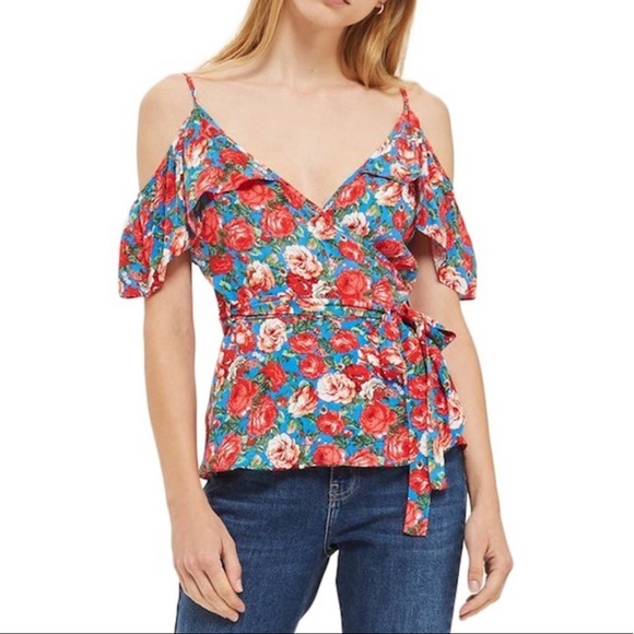 Topshop Tops - Topshop | Floral Cold Shoulder Wrap Top